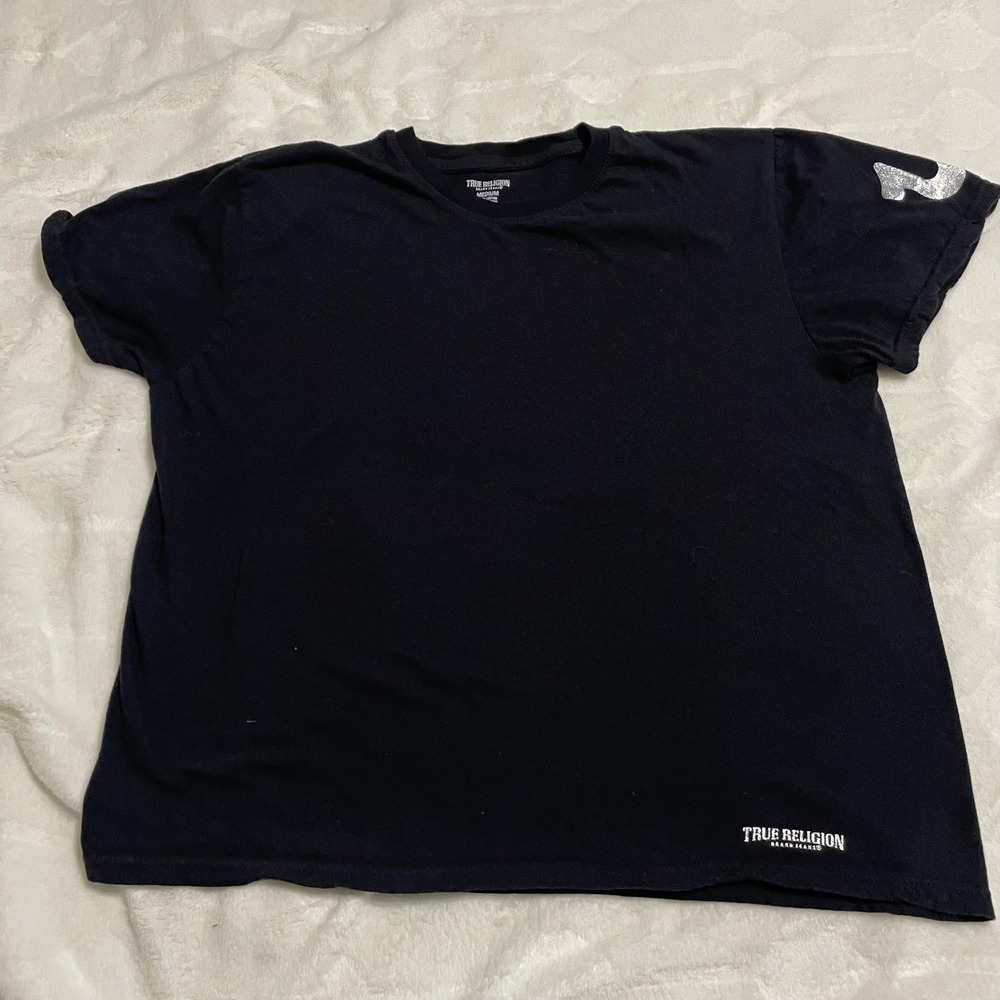 True Religion T-Shirt Mens Medium Black Silver Horseshoe Logo Short Sleeve Tee